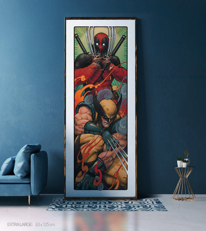 Diseño de Deadpool y Wolverine en fine art print enmarcado 